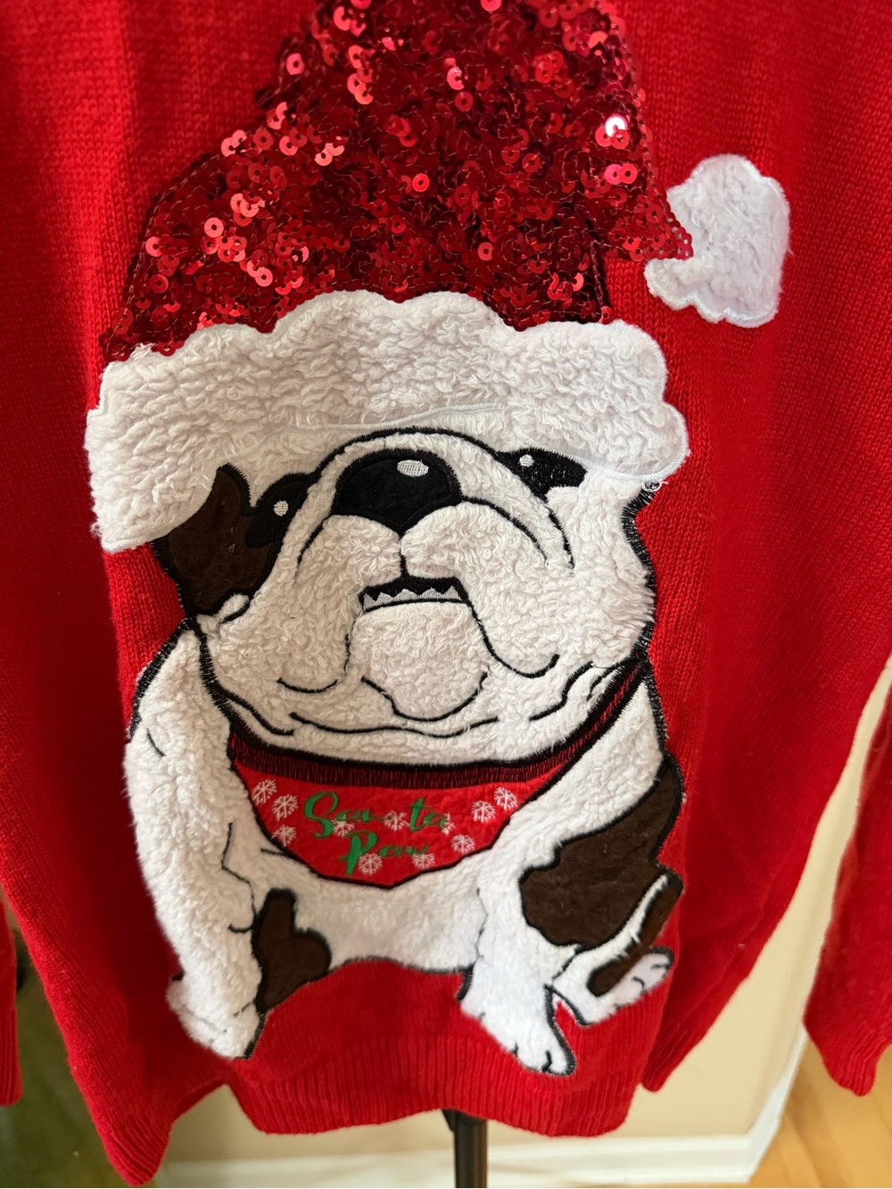 Poof New York Santa Paw Bulldog Christmas Sweater Red Sequin Sherpa Women’s M - Picture 2 of 5